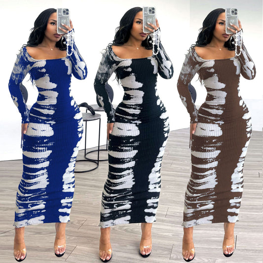 Sexy elastic hip-hugging printed bodycon dress with slits at the back