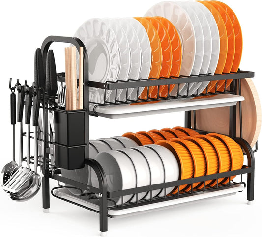 2-Tier Dish Rack Holder Dish Drainer With Drainboard, Utensil Holder And Cutting Board Holder, Stainless Steel Kitchen Drying Rack-Black